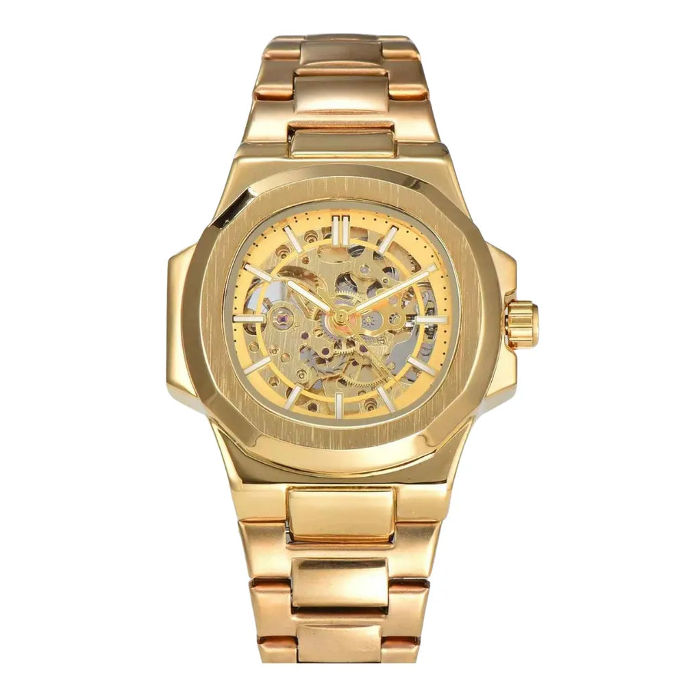 Relógio skeleton LongLux Patton — relógio de pulso masculino automático com mostrador esqueleto e vidro Hardlex visto de frente no pulso