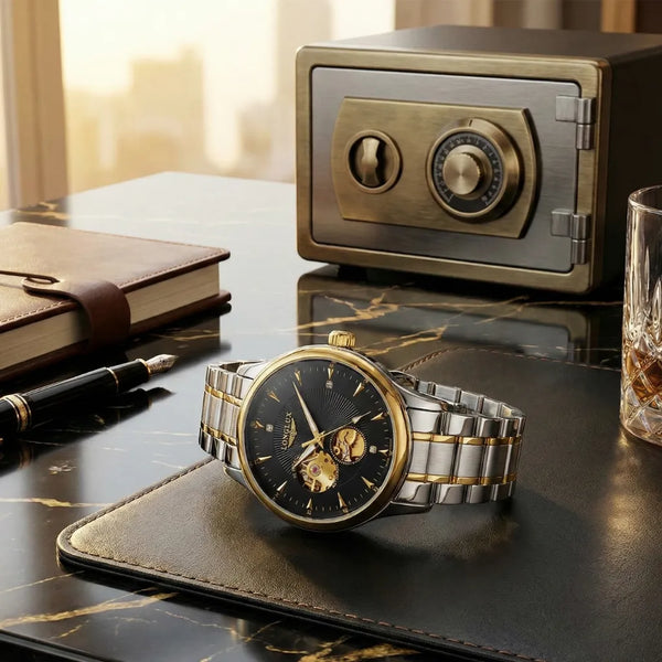 LongLux Arkos Black — resistência à água 3 BAR e ponteiros luminosos em destaque