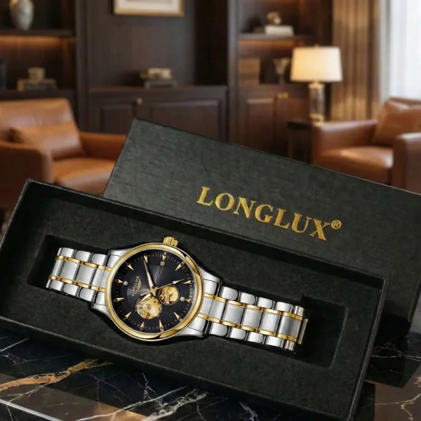 LongLux Arkos Black — design e legado mecânico com caixa preta e mostrador esqueleto